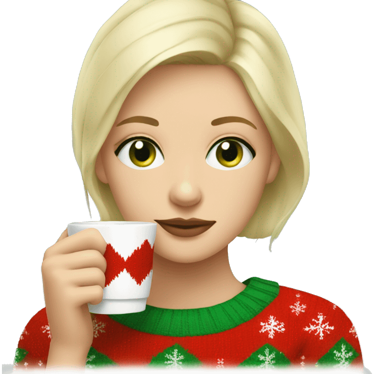 Short haired blonde girl with green eyes drinking coffee wearing Christmas sweater emoji