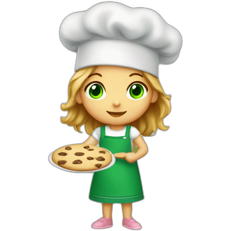 Small girl green eyes baking cookies emoji