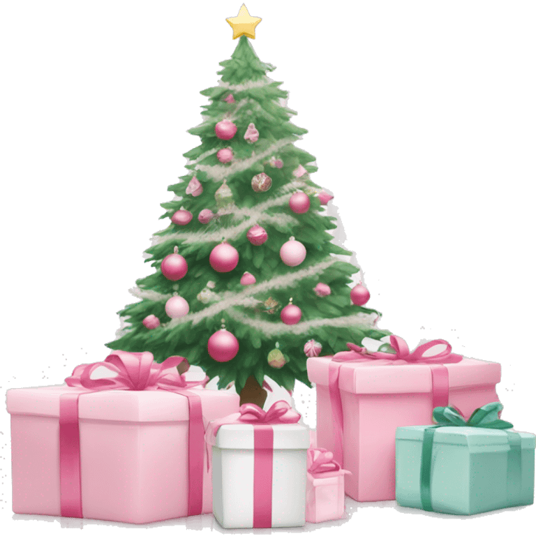 Light pink Christmas gifts under a white Christmas tree  emoji