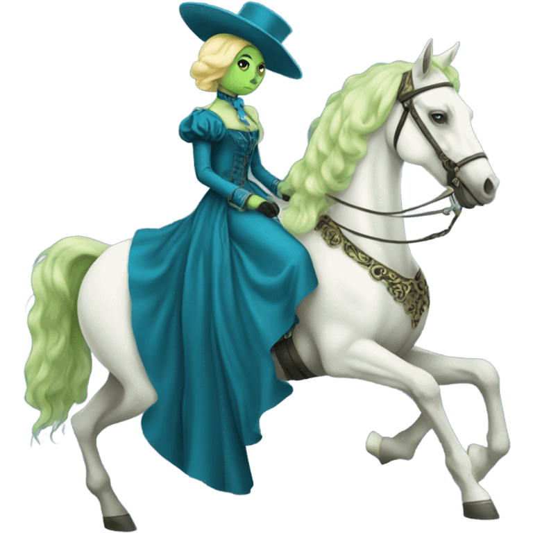 "galora green blonde alien woman" in blue Victorian dress elegant, full body, on white horse emoji