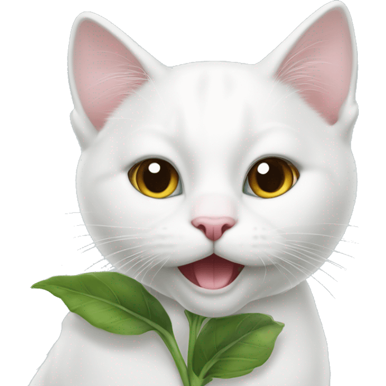 A white cat holds an eustoma flower in its mouth emoji