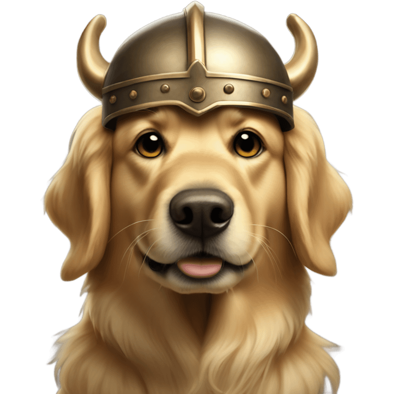 Golden retriever in dark Viking helmet with horns emoji