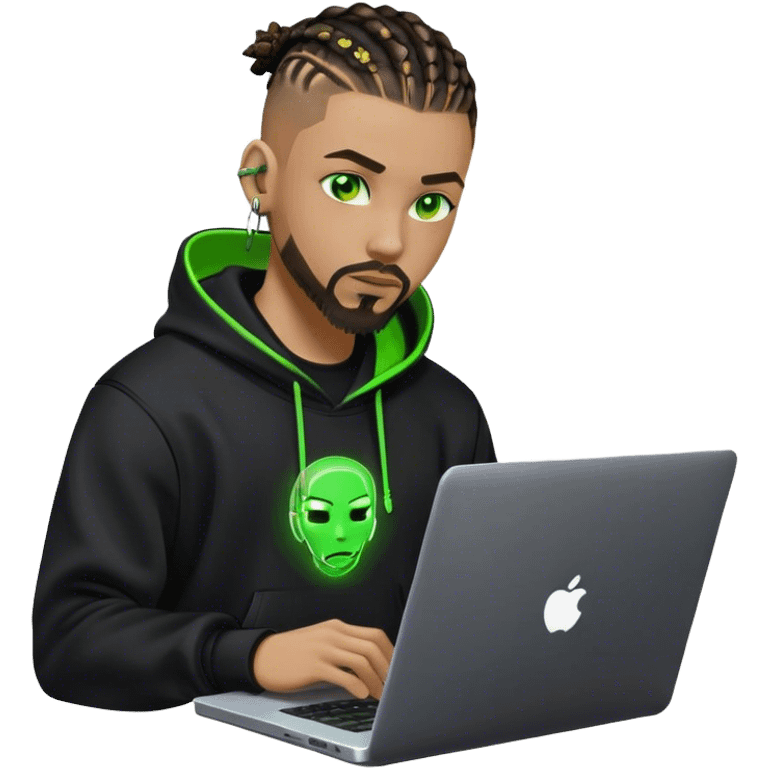 Light skinned African American male with green eyes as a cyberpunk hacker with cornrows hairstyle but short cornrows  with only goatee facial hair  coding on laptop  emoji