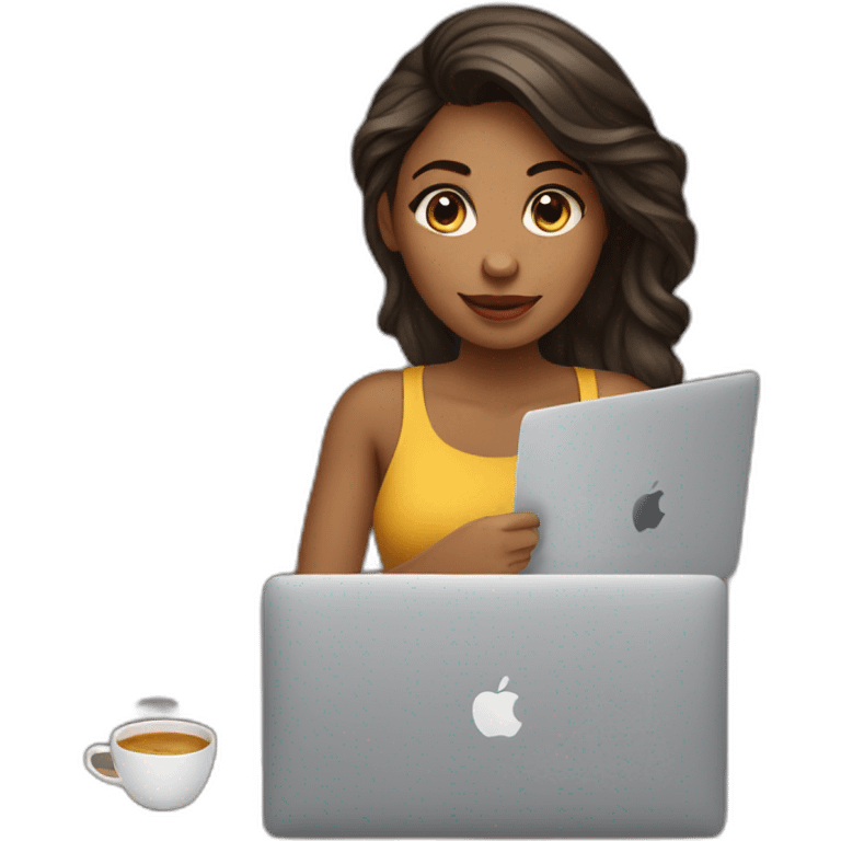 Mujer joven con cabello melena con MacBook y un cafe emoji