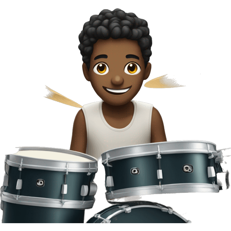 Smiling boy behind a drumkit on an island emoji