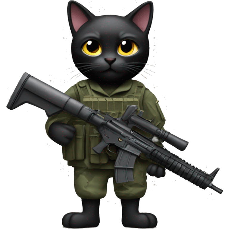 Black cat wearing army fatigues wielding a machine gun emoji