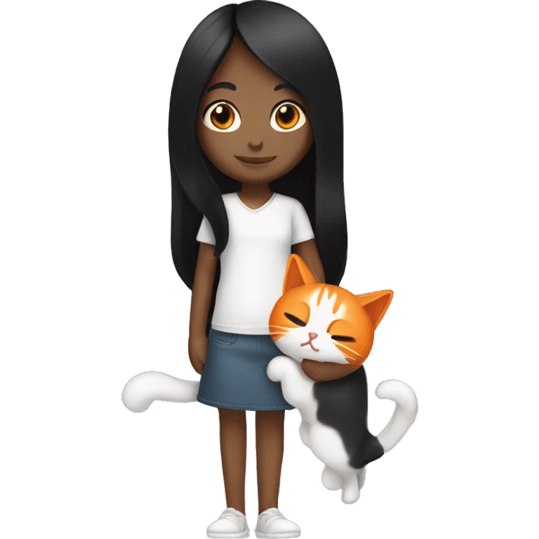 long black hair girl holding a white and orange cat. emoji