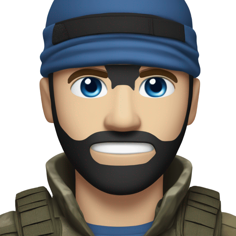 White male, call of duty black mask, camo tactical gear, combat boots, black beanie, blue eyes emoji