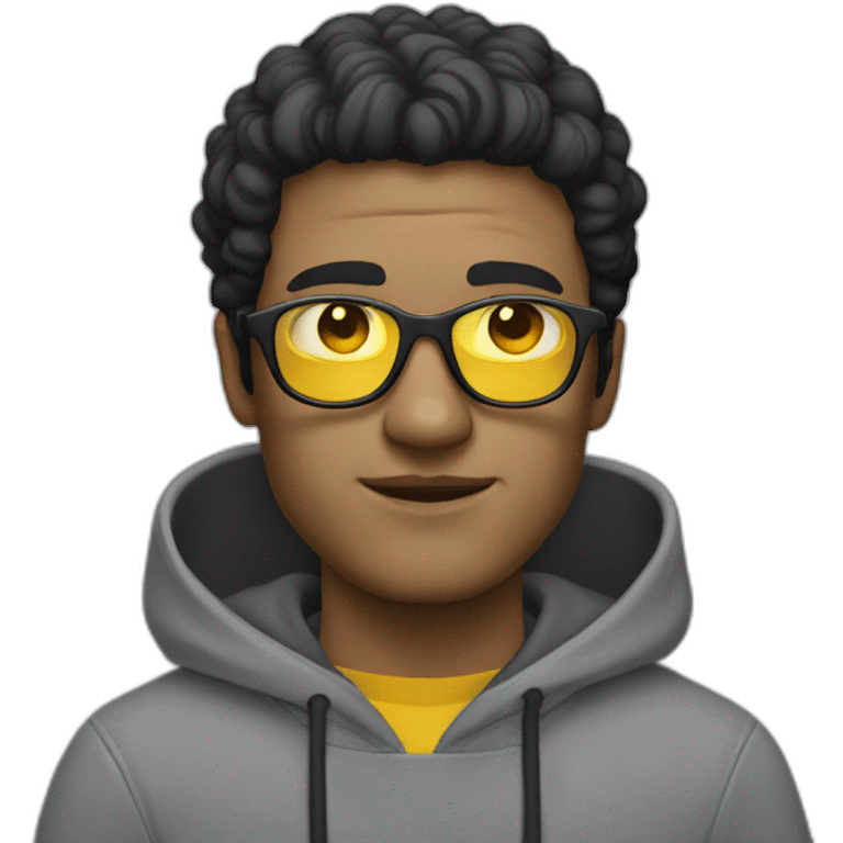 White man with yellow tinted glasses and black hair in a gray hoodie emoji