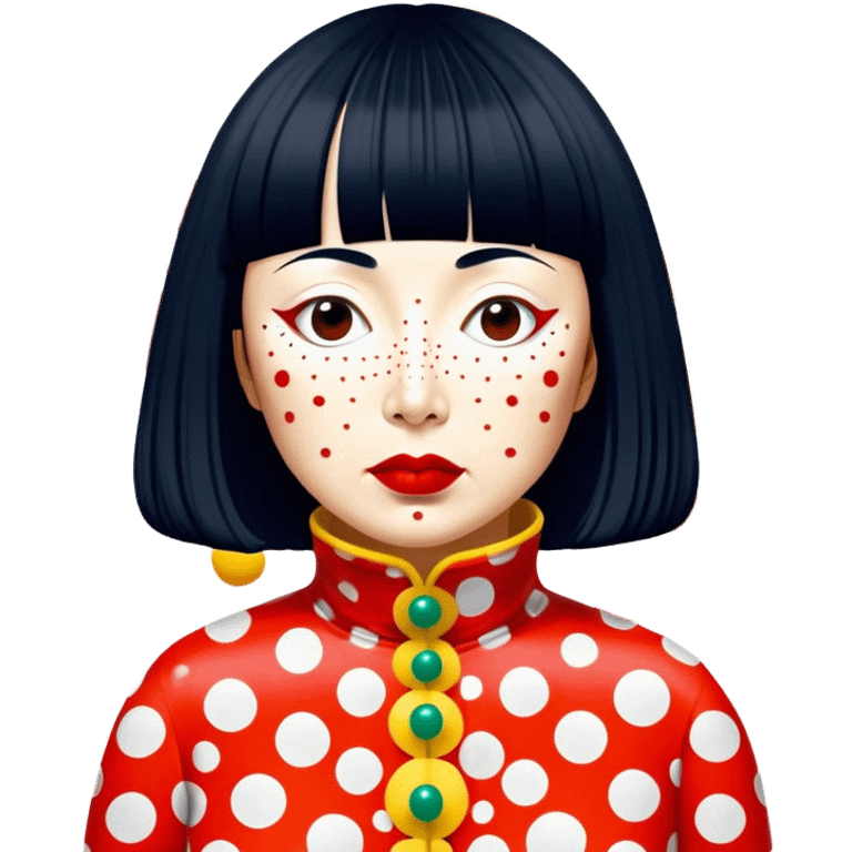 Yayoi Kusama – Cinematic Realistic Portrait of Yayoi Kusama, depicted as an avant-garde artist with an eccentric, captivating expression surrounded by her iconic polka dot patterns, rendered with vivid textures and imaginative lighting that evokes her unique, surreal creative world. emoji