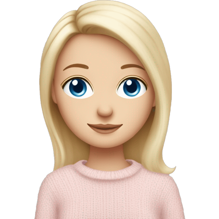 Pretty blue eyed white girl with light pink sweater reading cozy emoji