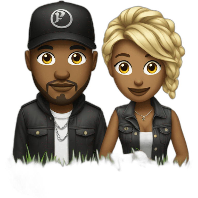 male rapper and a female songwriter on a green grass emoji