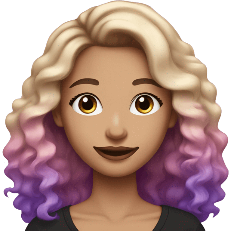 White-skinned adult woman, smiling with makeup, pink and purple glitter on face, blue eyes, long brown-to-blonde ombre wavy hair, ring earrings, black T-shirt. emoji