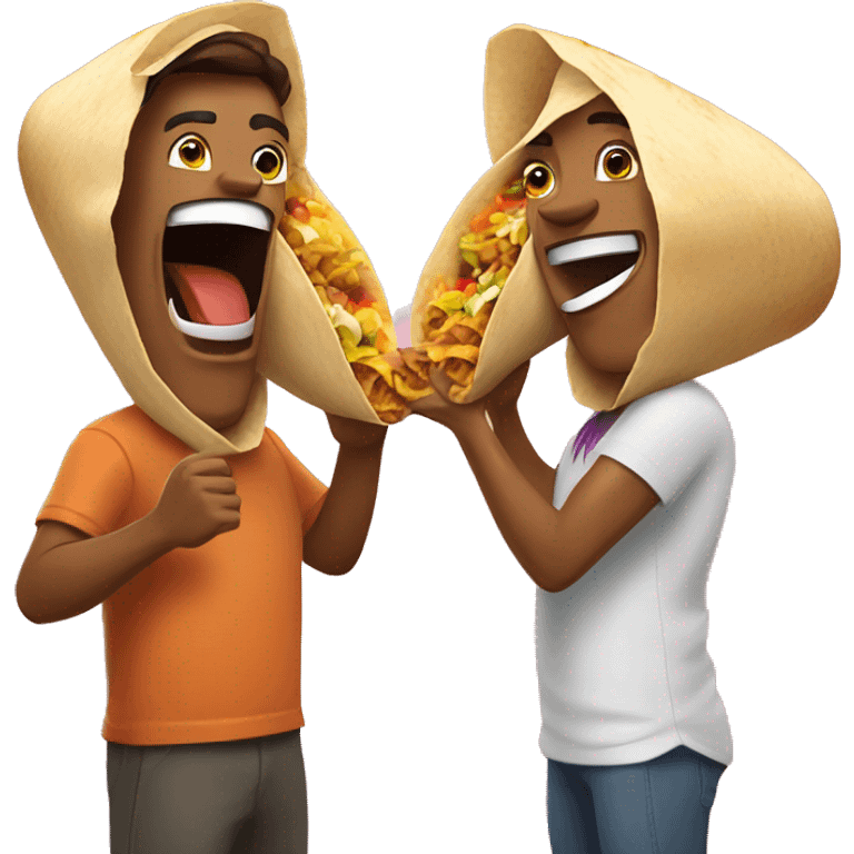 a couple extremely happy eating a huge burrito of taco bell emoji