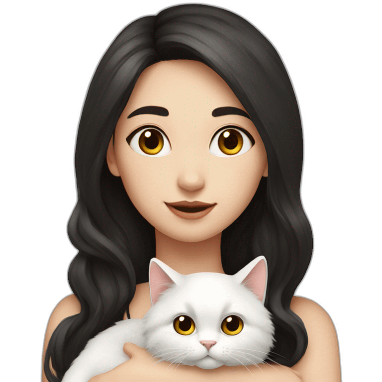 A girl with long dark hair and a white fluffy cat is lying on her left shoulder and neck emoji