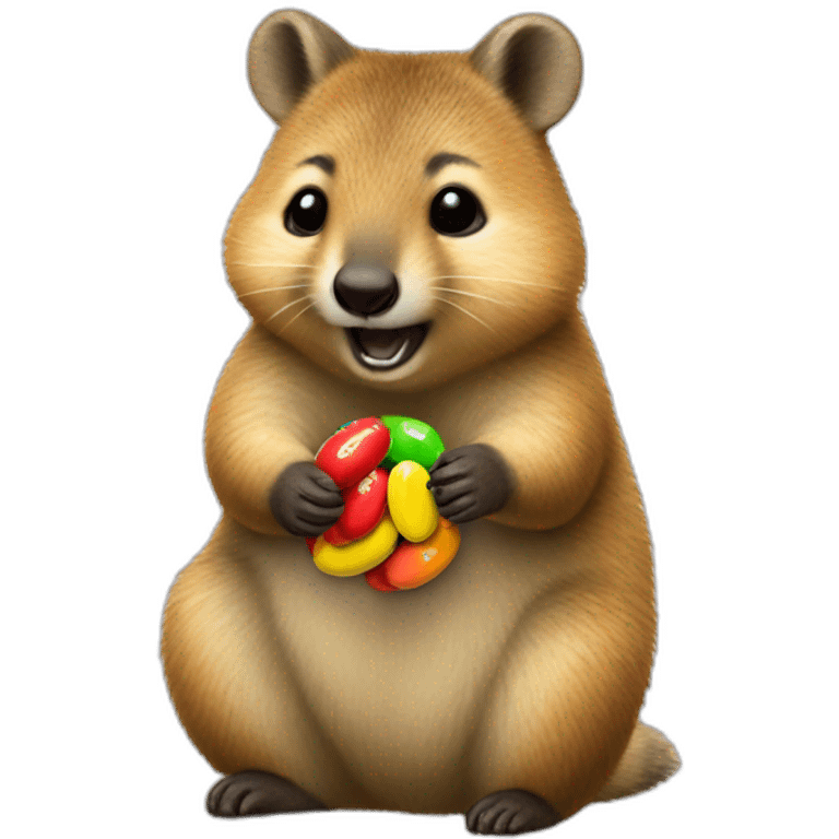 a cute quokka eating an M&M emoji