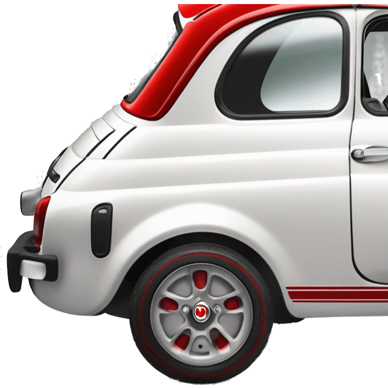 Fiat 500 abarth blanche vue de profil, avec une bande latéral rouge et rétroviseur rouge. Jante chromé pétale  emoji