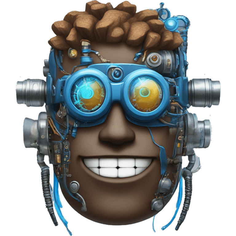 Brown cyborg head with blue Mohawk, blue beard, silver steampunk monocle goggles a smile and circuits emoji