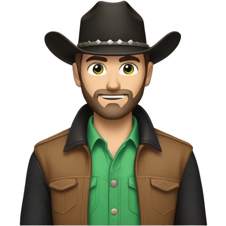 Caucasian male with green eyes, a dark beard dressed as a cowboy with short hair, western hat black emoji