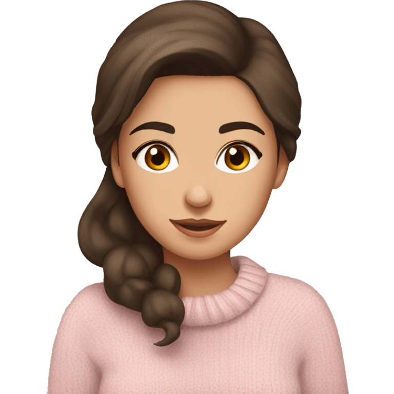 Pretty brown eyed brunette girl with light pink sweater reading cozy emoji