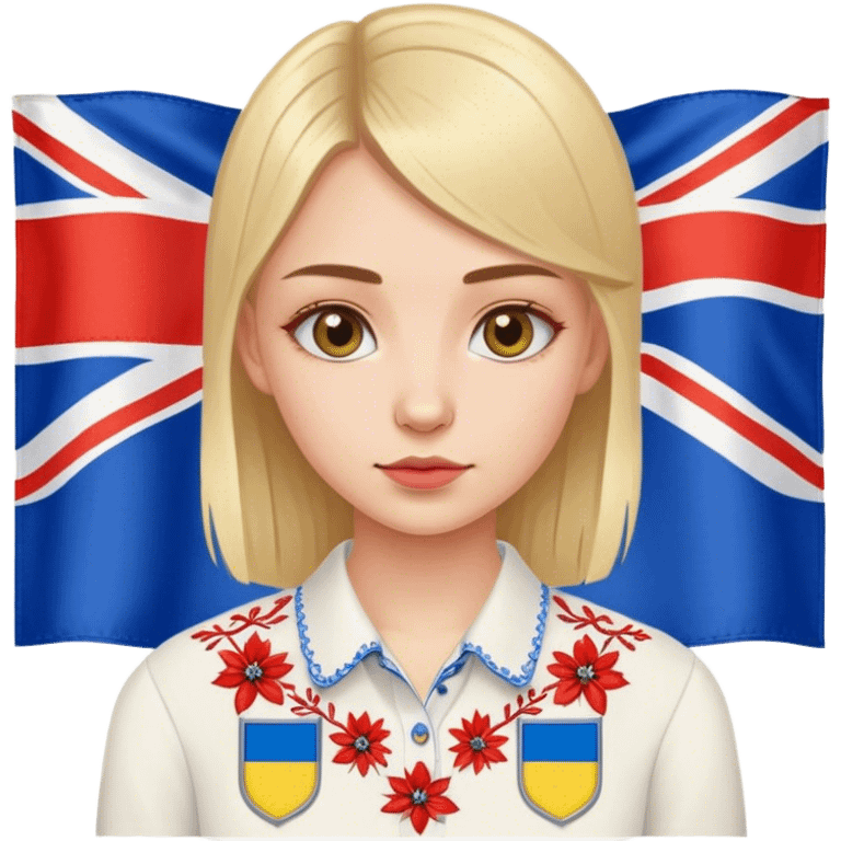 Ukrainian girl in an embroidered shirt against the background of the British flag emoji