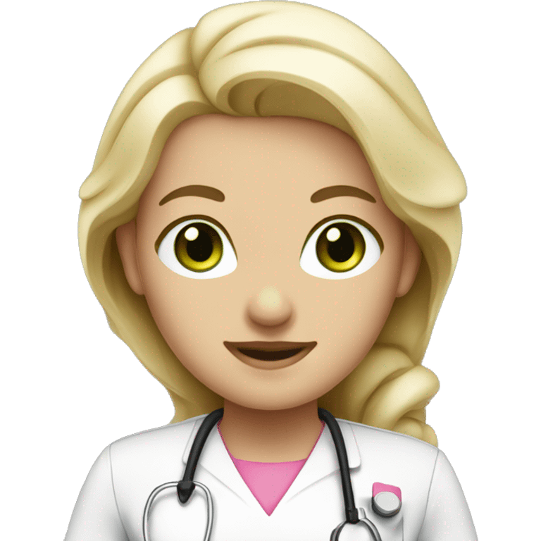 White blonde nurse with green eyes and tan skin wearing pink emoji