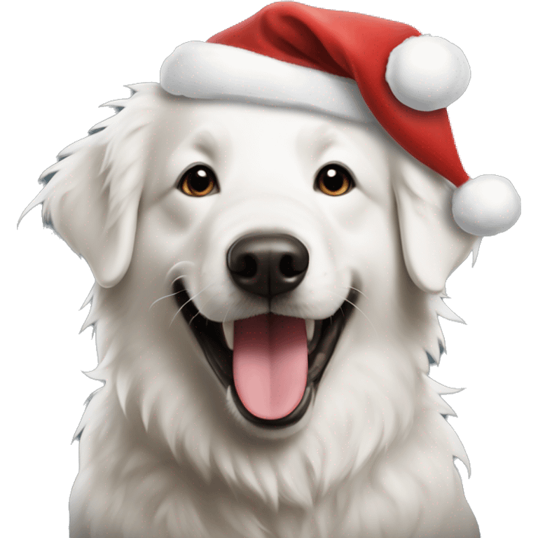 a maremma smiling with his tongue out wearing a santa hat  emoji