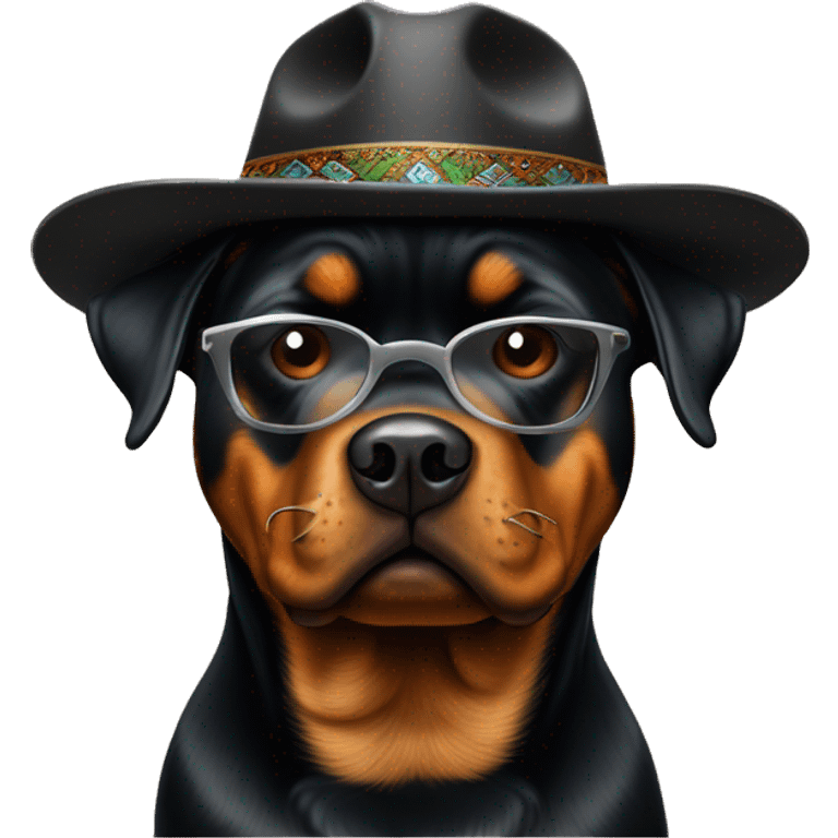 rottweiler fumando cigarrillo, con lentes negros, y sombrero de rapero emoji