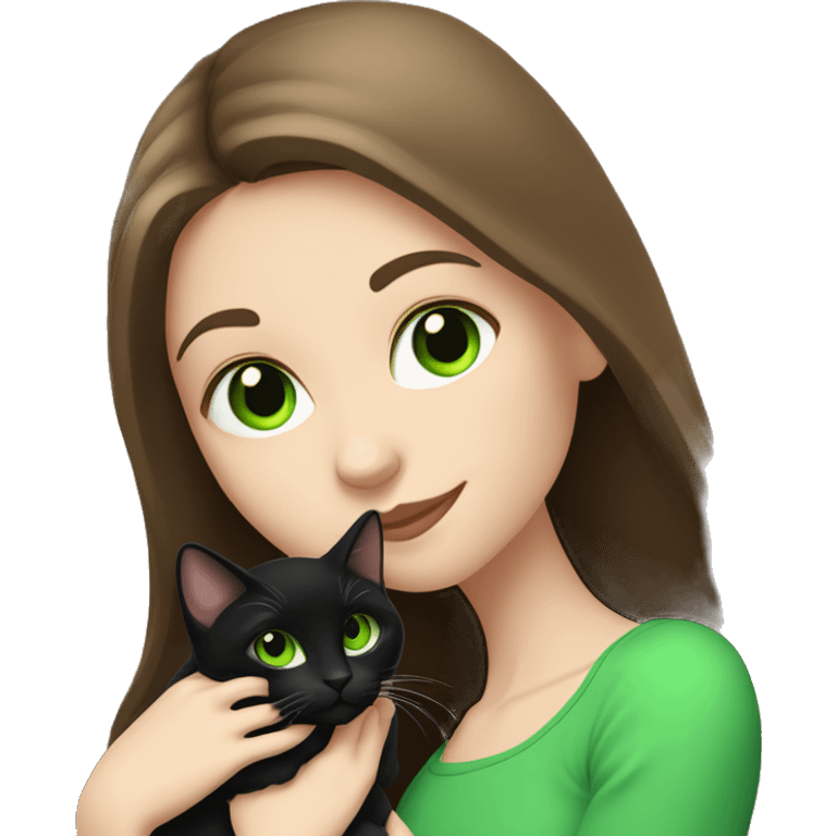 pale brunette girl with long brown hair with bright green eyes holding black cat emoji