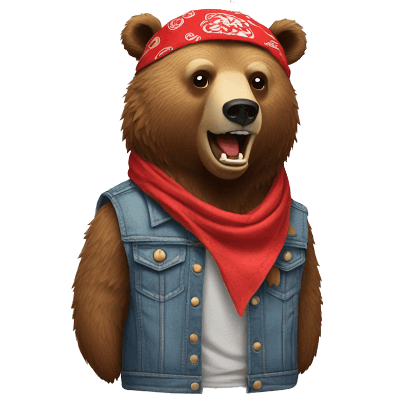 grizzly bear wearing sleeveless jean jacket and red bandana around head with open mouth emoji