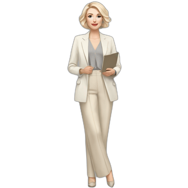 Full height pale skin woman with ash blonde Straightened bob Hair, White Spacious classical jacket, beige palazzo Arrow pants and gray blouse holding a color palette in the hands emoji