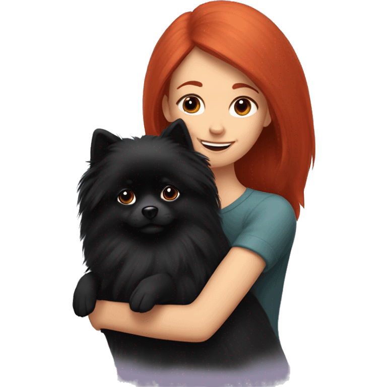 red-haired girl hugs a black pomeranian dog emoji