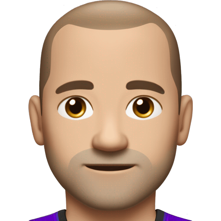 45-year-old man with a slightly round face, very short, almost shaved hair with a small central crest and a slightly receding hairline. He has blue eyes, subtle stubble, and wears a black and purple soccer jersey. emoji