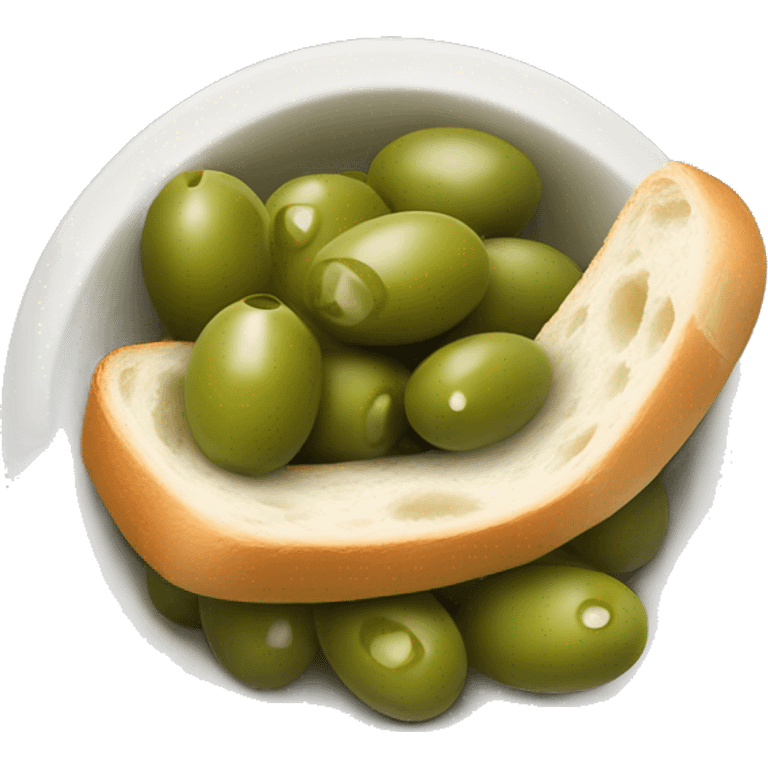 bowl of green olives and baguette with butter   emoji