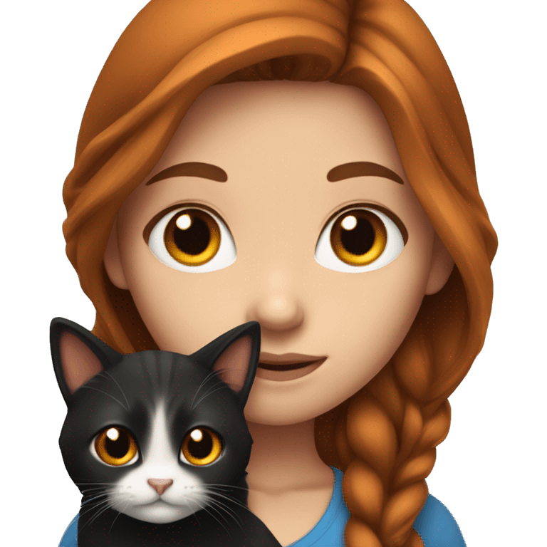 long haired brunette girl with blue eyes holding black and orange cats emoji