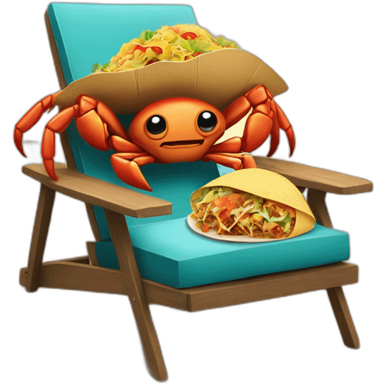 huge crab with huge taco, lying together in a chair at the beach emoji