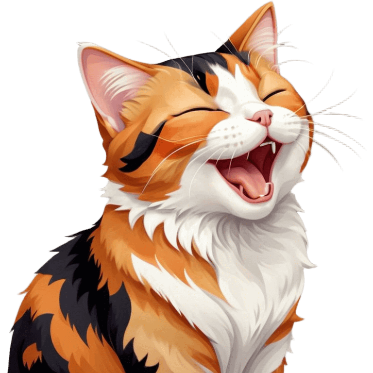 Cinematic Cute Yawning Calico Cat Portrait Emoji, Head tilted mid-yawn with a charming, relaxed expression, showcasing a soft patchwork fur of vibrant orange, black, and white, simplified yet irresistibly adorable, highly detailed, glowing with a cozy, gentle radiance, high shine, exuding sleepy yet endearing charm, styled with a soft glowing outline, capturing the essence of a calico cat caught in a delightful yawn that seems ready to cuddle up for a nap! emoji