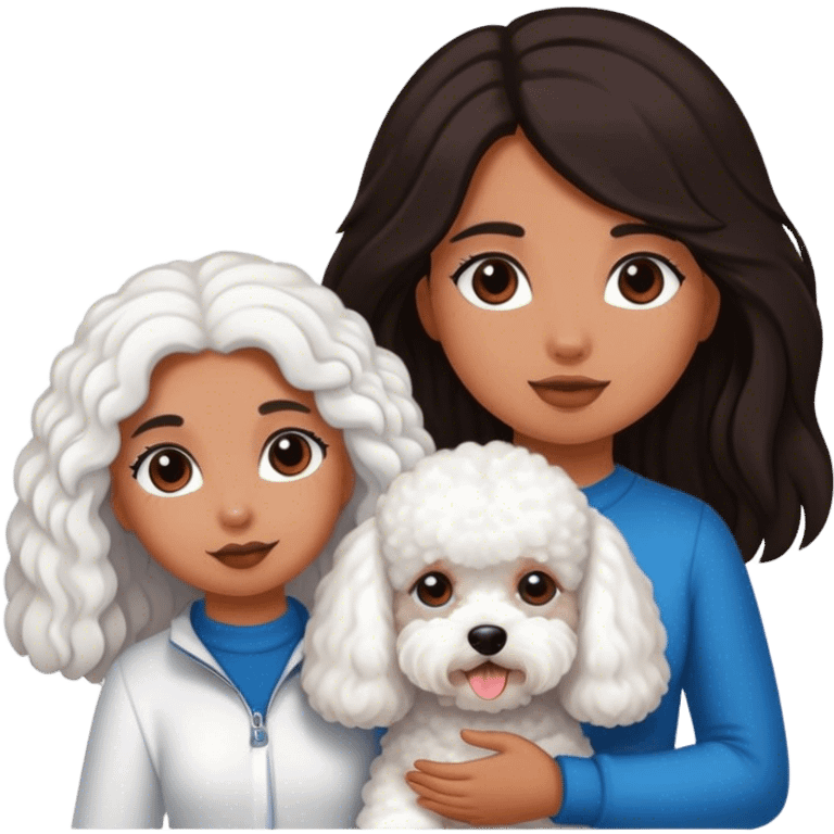 Tanned girl with dark, long hair and a bichon emoji