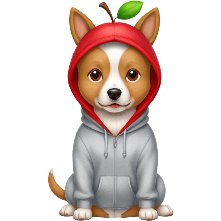 Dog wearing a hoodie and apple on his head emoji