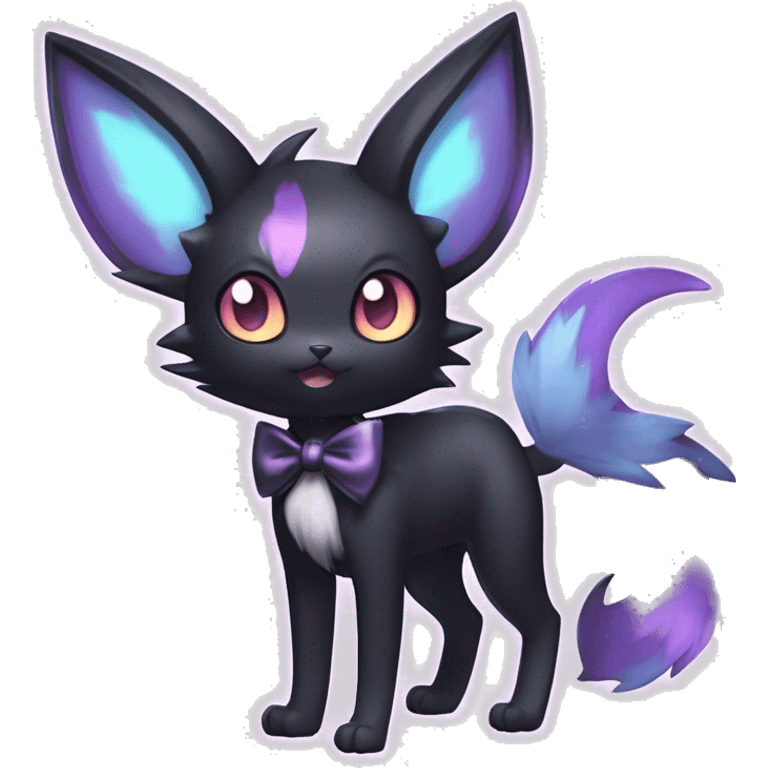 Shiny Cool pastel Edgy Black beautiful ethereal fantasy Kawaii Sona Umbreon-Noibat-Litten-Fakemon-cat-animal with edgy bat-ears bow tie black mane vtuber model Full Body emoji