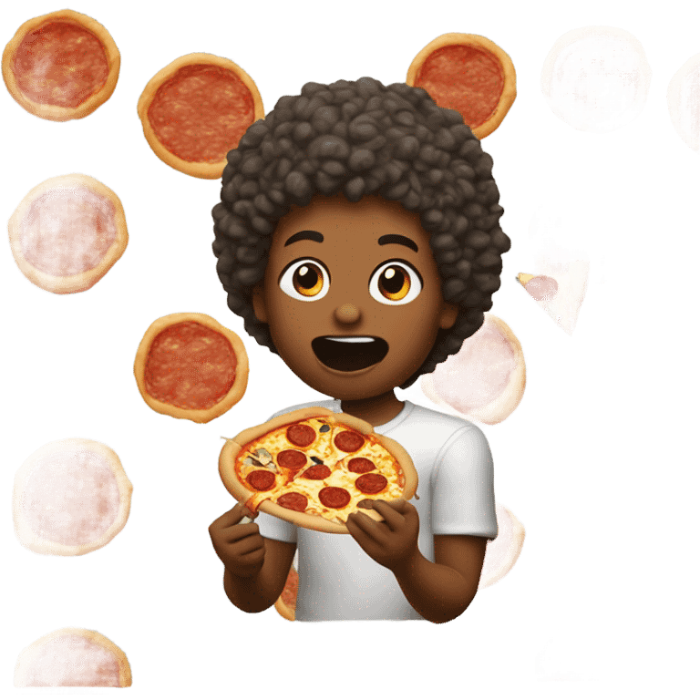 Kid with log hair eating pepperoni pizza emoji