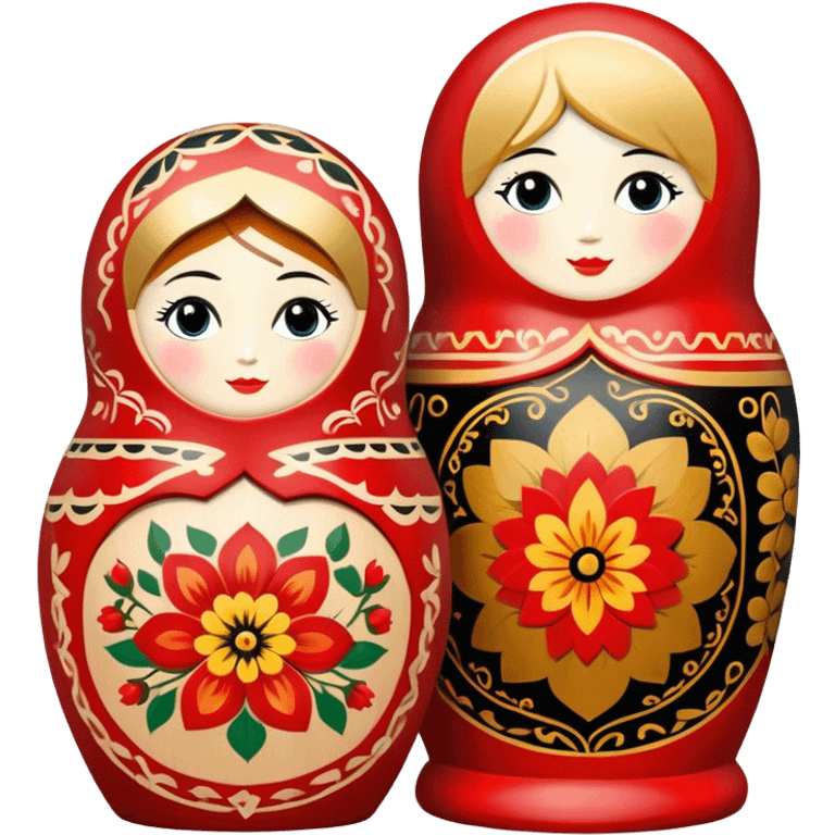 Wood painting icon, painted wooden matryoshkas (nesting dolls) of various sizes, vase, small wooden box, visible carving tools, paintbrushes, traditional patterns in bright colors like red, gold, and black, no finished artwork, just the crafting process, minimalistic style, clean lines, transparent background. emoji