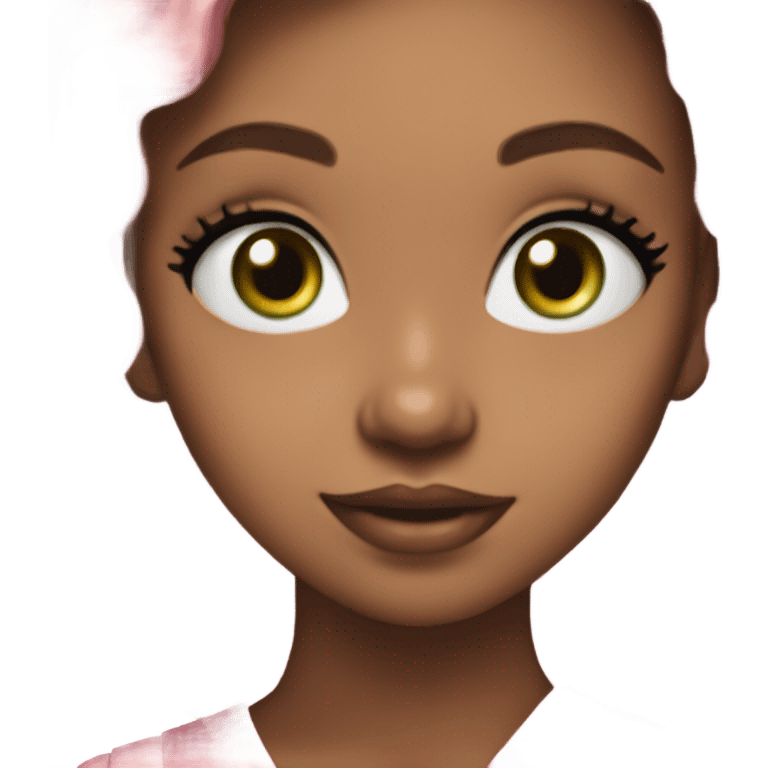 girl with brown hair and green eyes wearing a pink bow in her hair and she is smiling, she has white glitter eyeshadow emoji