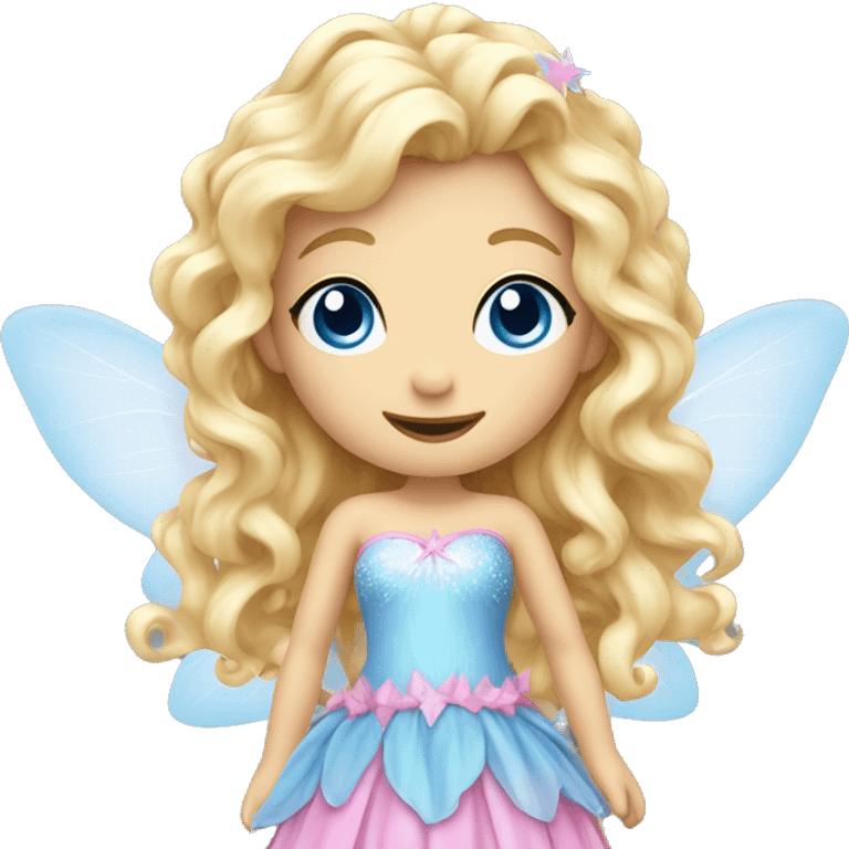 Fairy, a blonde hair with blue eyes and a pink dress with sparkly wings. White wings. The fairy has long, curly hair with a lot of volume emoji