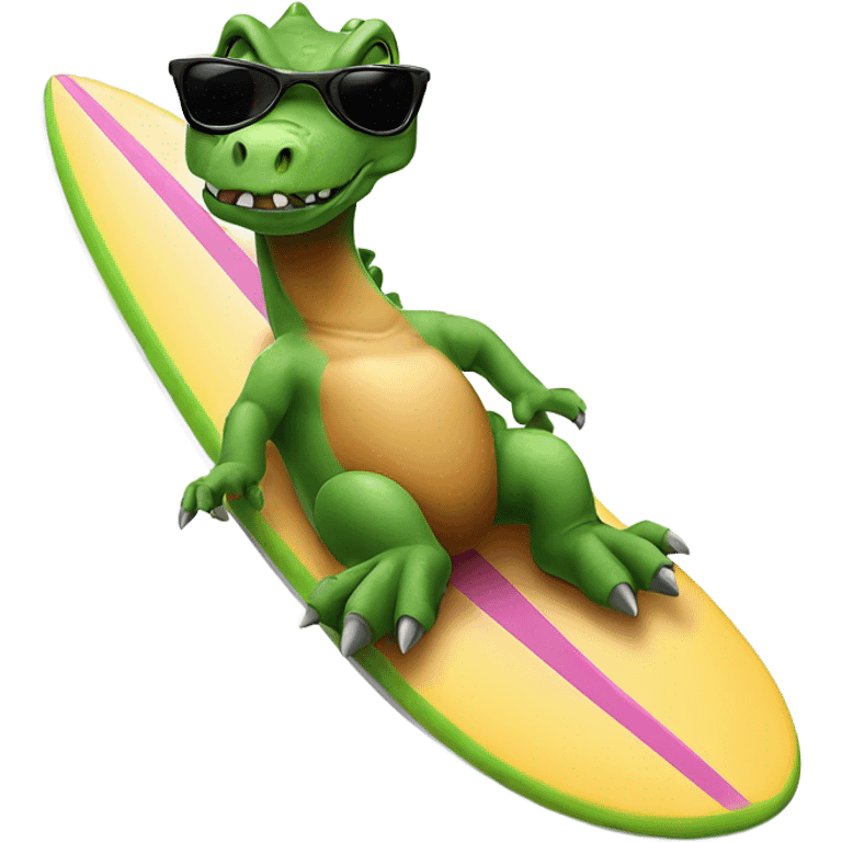 A dinosaur looksmaxing while wearing sunglasses on a surfboard emoji