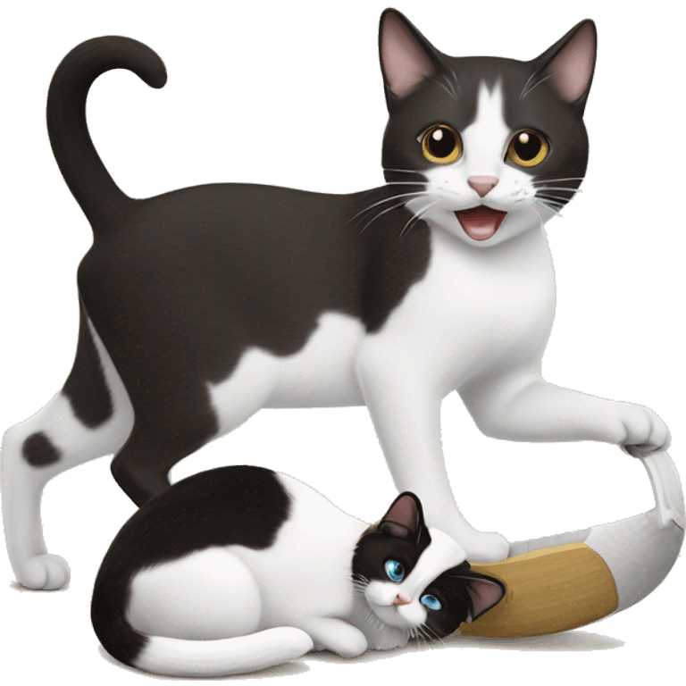 A snowshoe cat plays with a white and black rat emoji