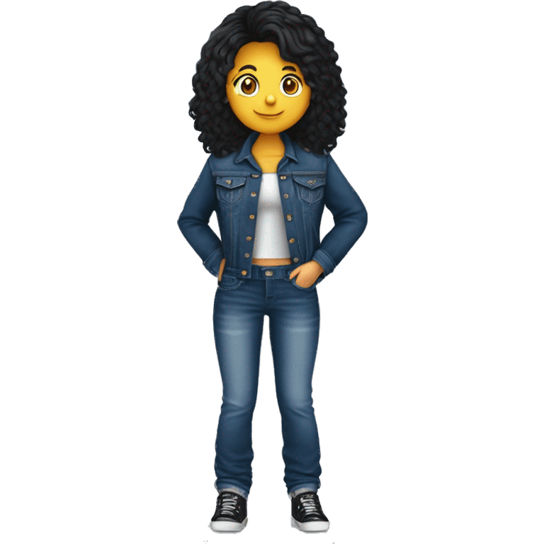 Boneca de Menina gordinha de calça de jeans preta e blusa preta, jaqueta jeans de cabelo cacheado curto segurando câmera  emoji