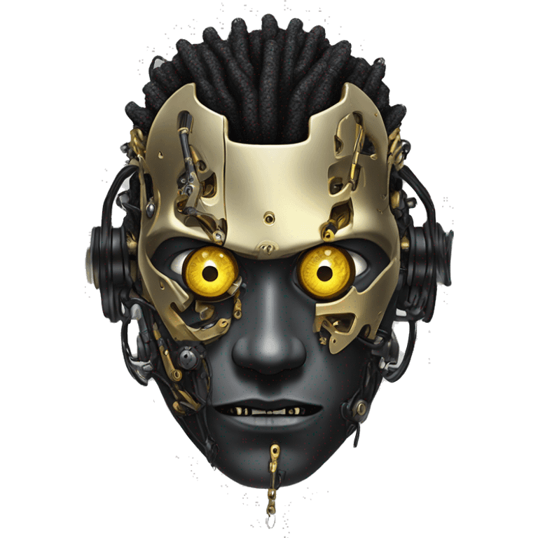 black metal male cyborg head with  one artificial eyeball, circuitry, goatee and dreaded yellow gold hair emoji