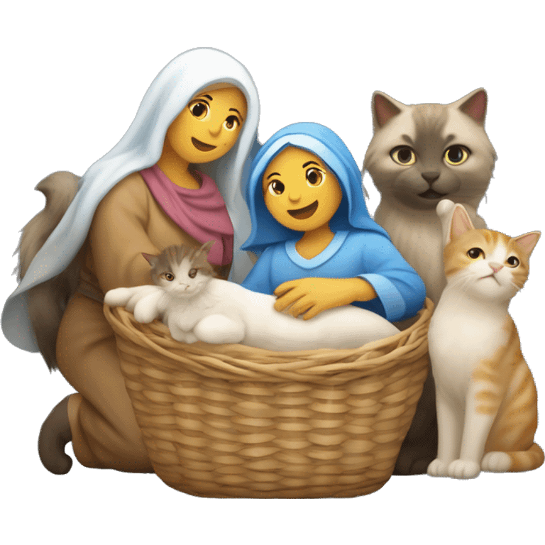 Christmas nativity scene with a star of Bethlehem and 1 mother cat and 5 kittens in a basket with no humans emoji