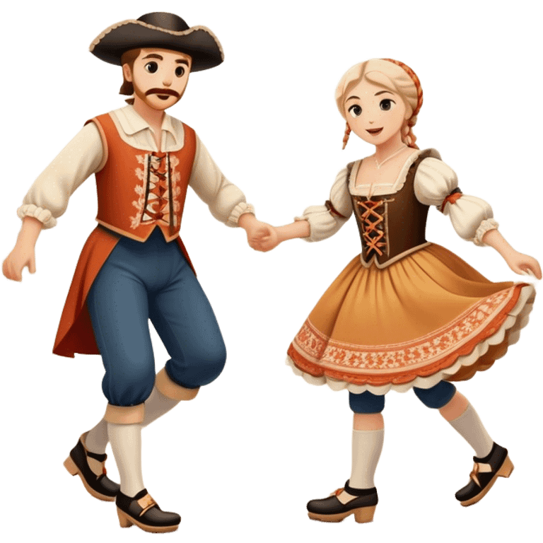 Cinematic Realistic scene of two performers executing the Klompendans, dressed in traditional Dutch costumes complete with wooden clogs and detailed folk patterns, captured in lively motion with soft, natural lighting emoji